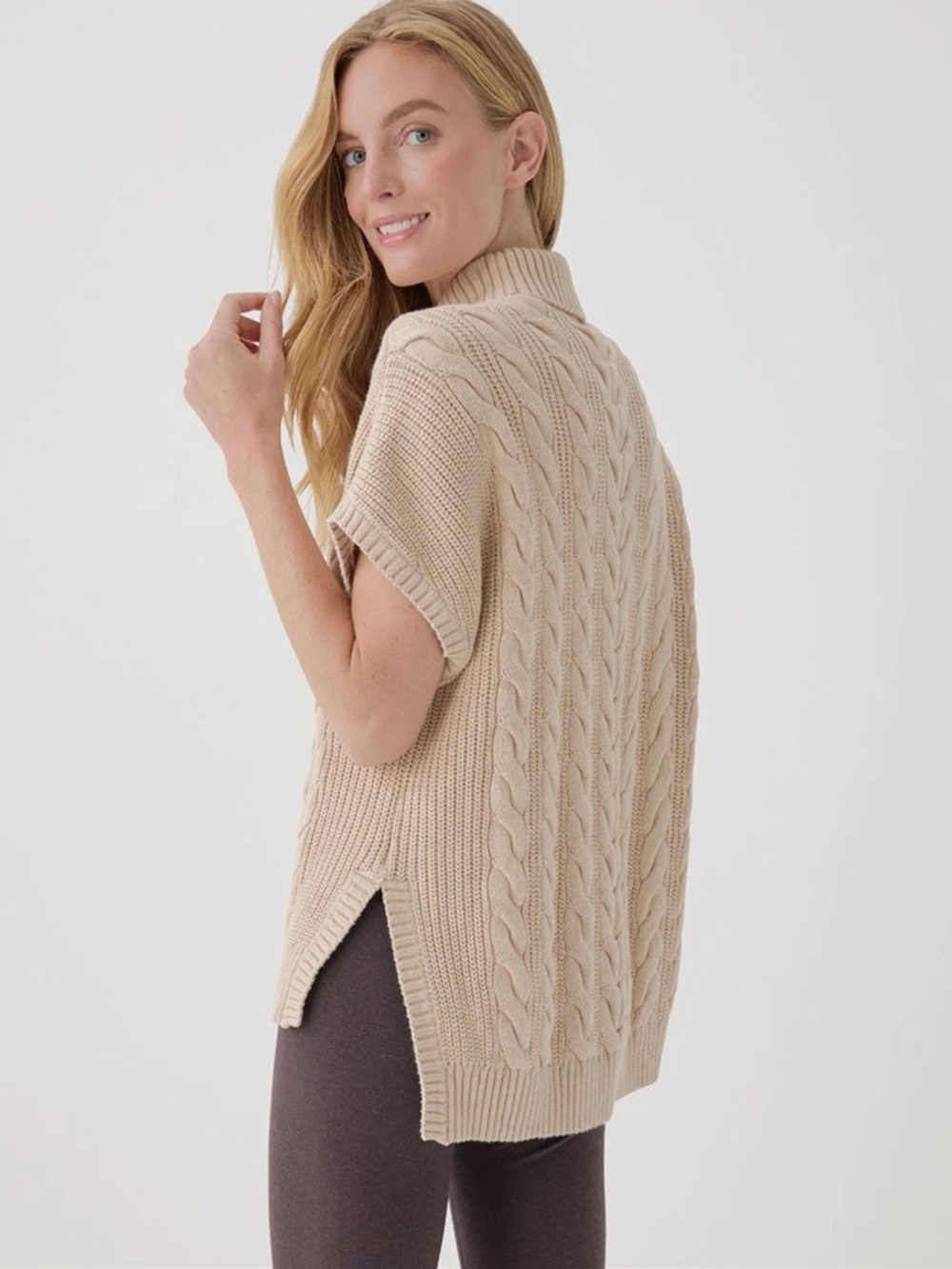 Pact Women’s Cable Knit Poncho Sweater Fisherman Vest Color Sandshell Size M/L - Picture 6 of 9